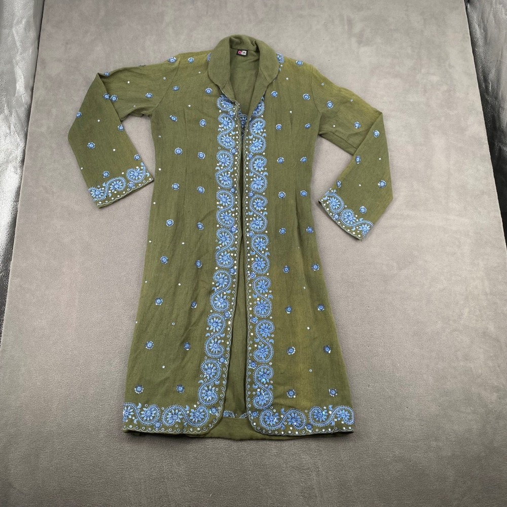 Lotta Stensson Vintage Y2K Boho Linen Silk Embroidered Sequin Duster Coat sz M